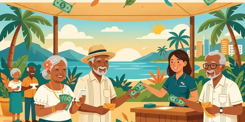 Ilustración que representa el bono para jubilados y pensionados en Panamá con personas mayores felices recibiendo su beneficio económico.