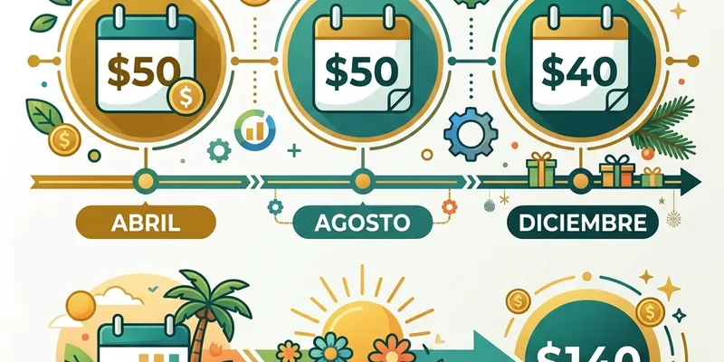 Infografía del calendario de pagos del bono para jubilados en Panamá: abril $50, agosto $50 y diciembre $40, totalizando $140 anuales.