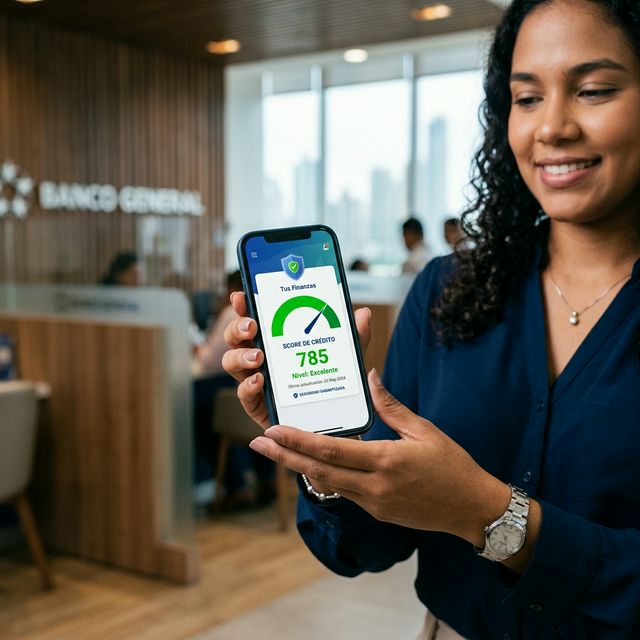 Smartphone mostrando el puntaje crediticio o score de la APC en Panamá de forma segura