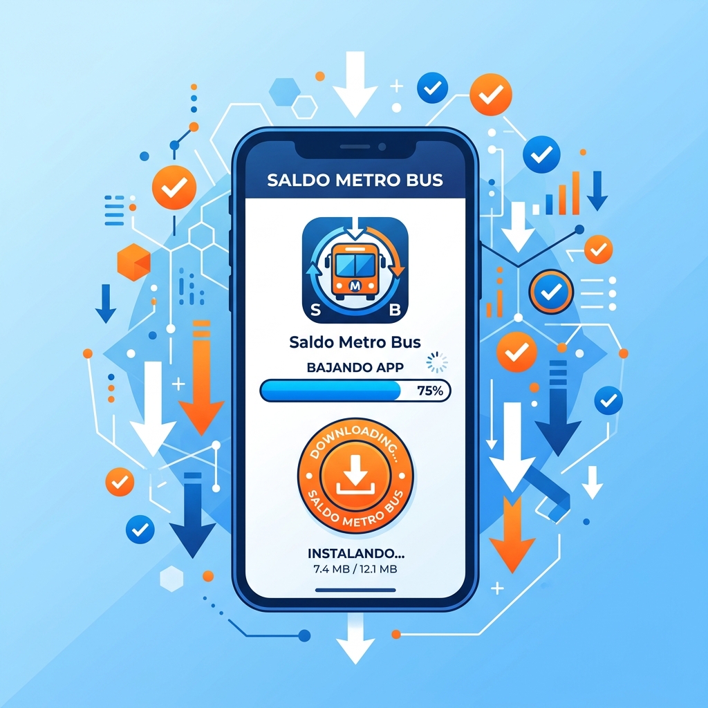 Ilustración de descarga APK Saldo Metro Bus en un smartphone