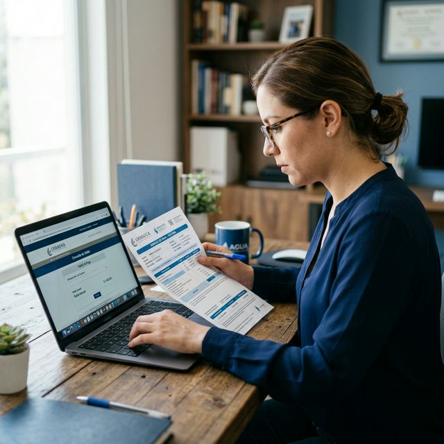 Persona revisando una factura de agua y escribiendo en su laptop el número NIC del recibo