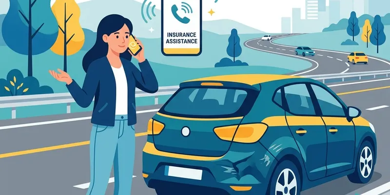 Persona usando el teléfono junto a un automóvil accidentado para solicitar asistencia vial a la aseguradora.