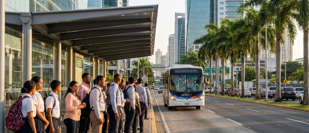 Unidad de Metro Bus circulando por la Cinta Costera con pasajeros abordando de manera ordenada