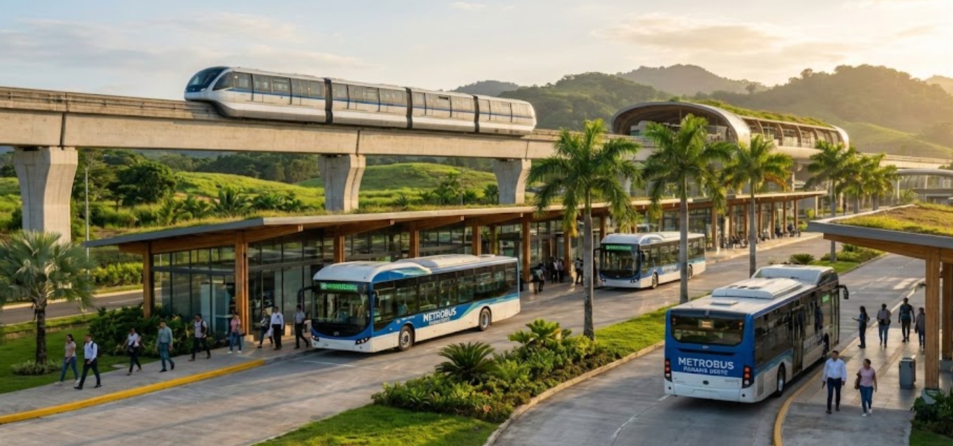 Ilustración de sistema integrado de transporte en Panamá Oeste con buses alimentadores y monorriel