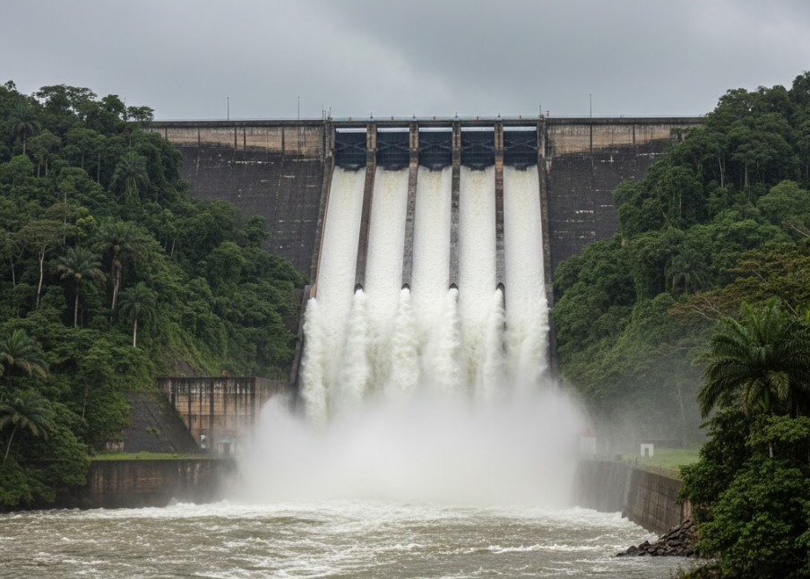 Vista de la represa Madden realizando vertidos preventivos con alto caudal de agua