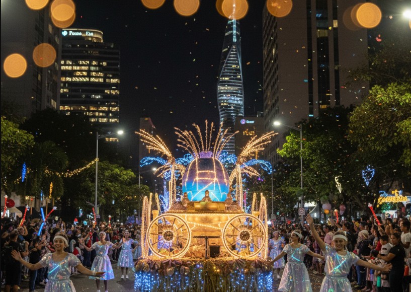 Carroza alegórica iluminada en el Desfile de Navidad de Panamá recorriendo Calle 50 de noche