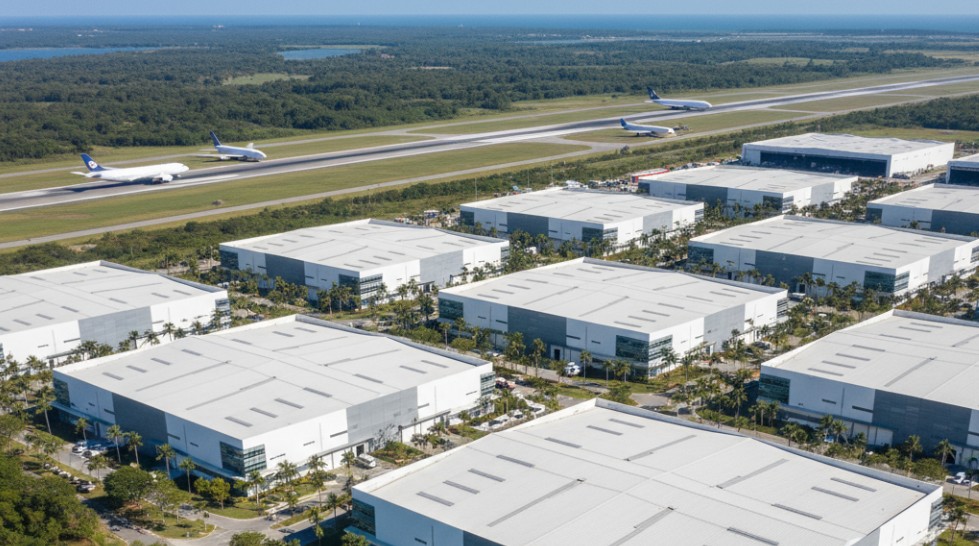 Vista aérea del área logística de Panamá Pacífico y su aeropuerto internacional