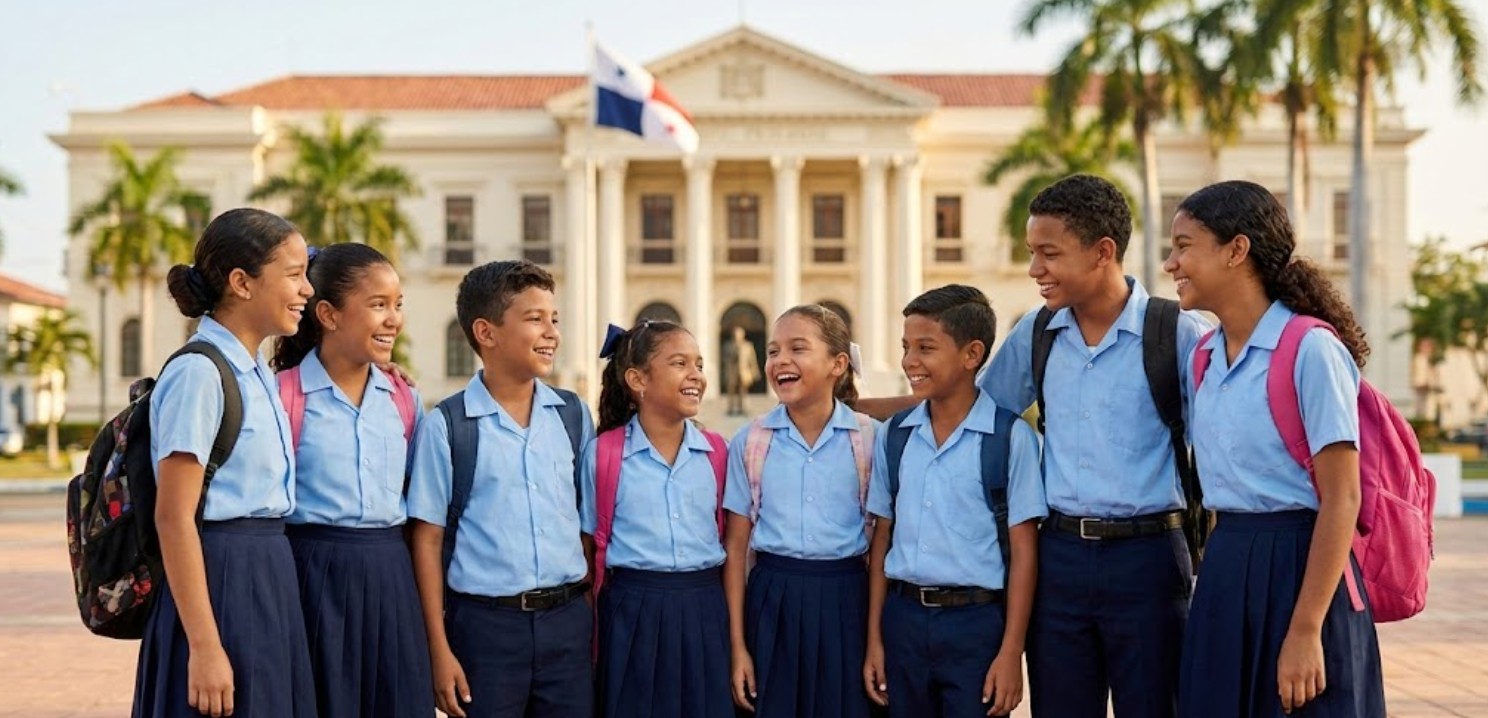 Estudiantes panameños en fila recibiendo beneficios educativos del Ifarhu