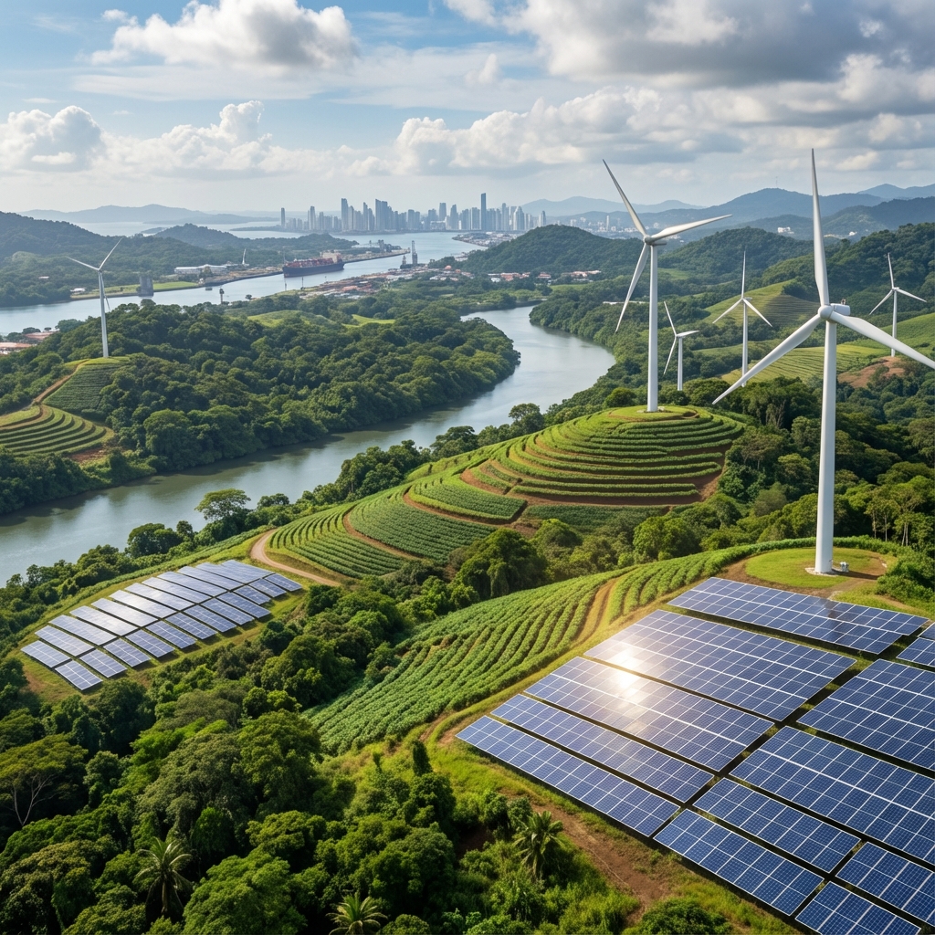 Parque de energía renovable en Panamá con paneles solares y turbinas eólicas