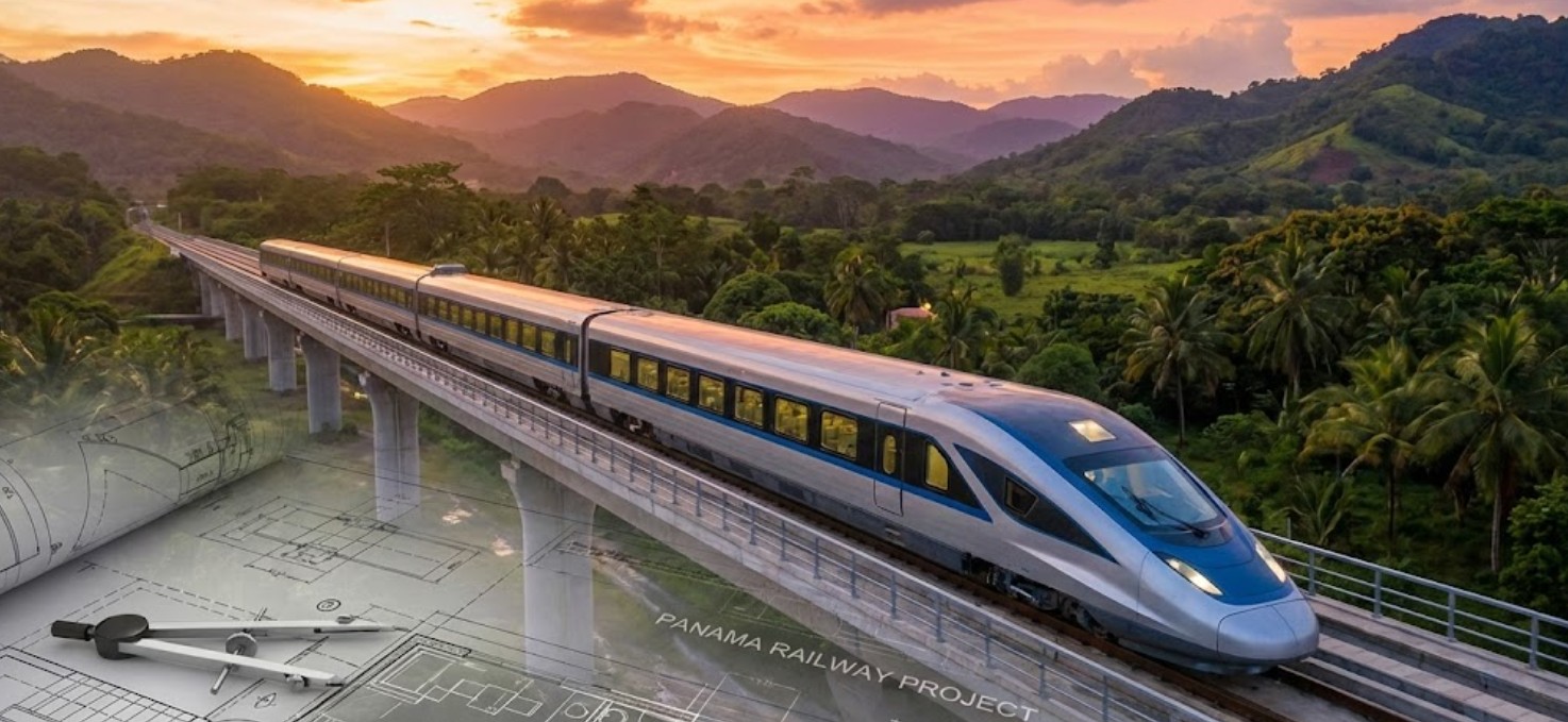 Ilustración conceptual de un tren moderno cruzando un paisaje panameño con ingenieros revisando planos