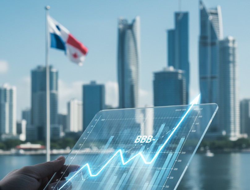 Gráfica financiera con bandera de Panamá y logo de S&P indicando calificación estable