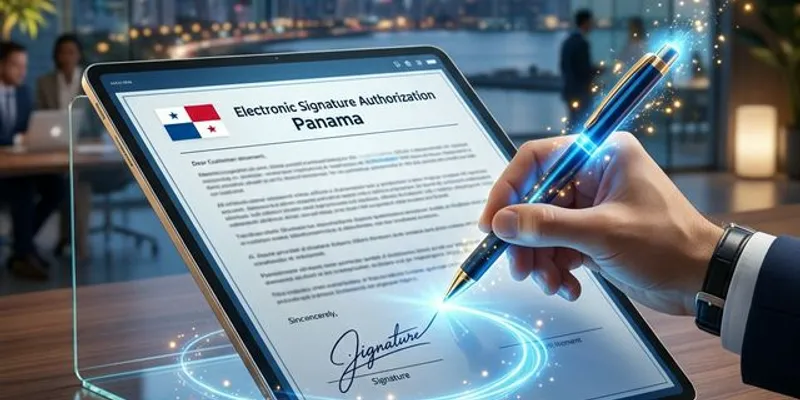Hombre utilizando una firma digital en un documento oficial en Panamá