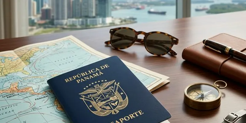 Pasaporte de Panamá junto a elementos de viaje listos para vacacionar