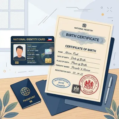 Ilustración de documentos oficiales como cédula de identidad y certificado de nacimiento con timbres