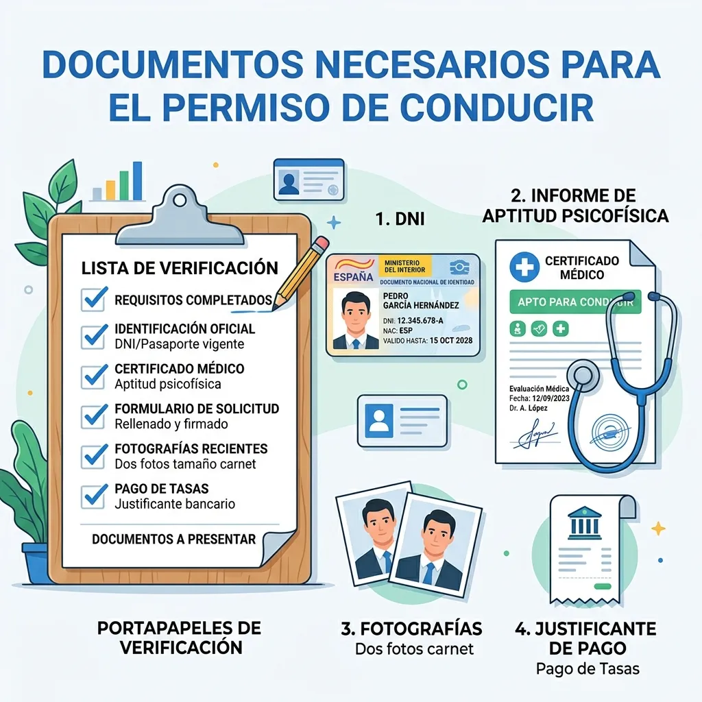 Ilustración con documentos necesarios como identificación y certificados