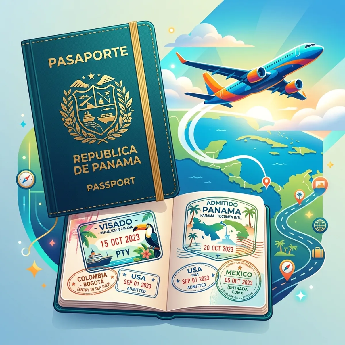 Ilustración que representa el pasaporte y los trámites para visas en Panamá